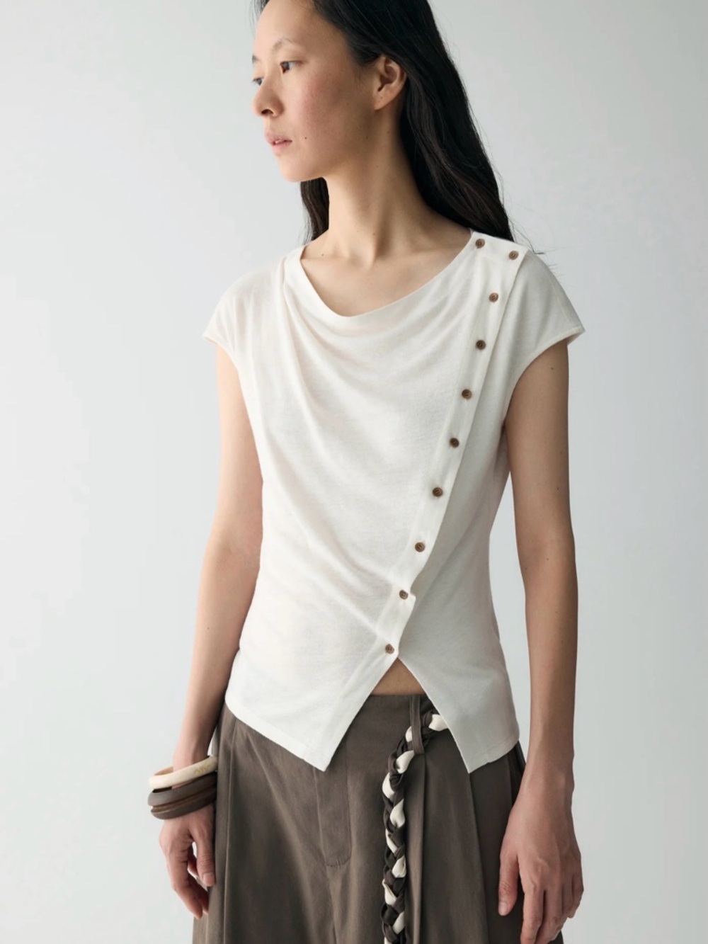 INSIS FEMME Off White Asymmetrical Button-Trim Draped Top
